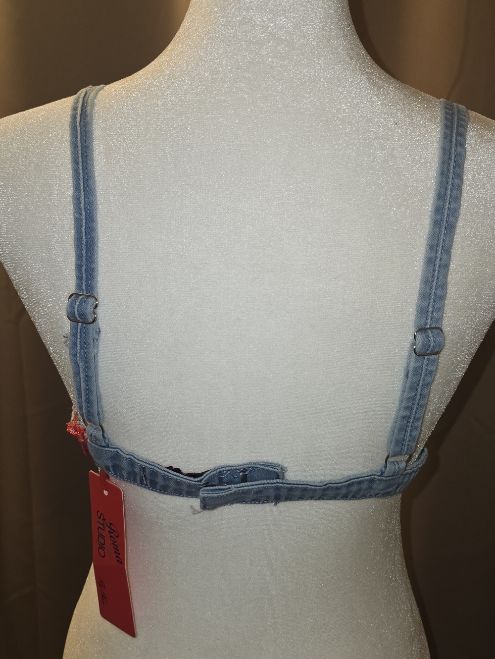 Denim Bralette Crop Top | Light Wash Triangle Bikini Style | Adjustable Straps - Picture 5 of 6